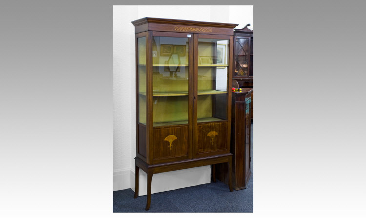 Appraisal: Edwardian Inlaid Mahogany Display Unit Two Glazed Doors Silk Lined