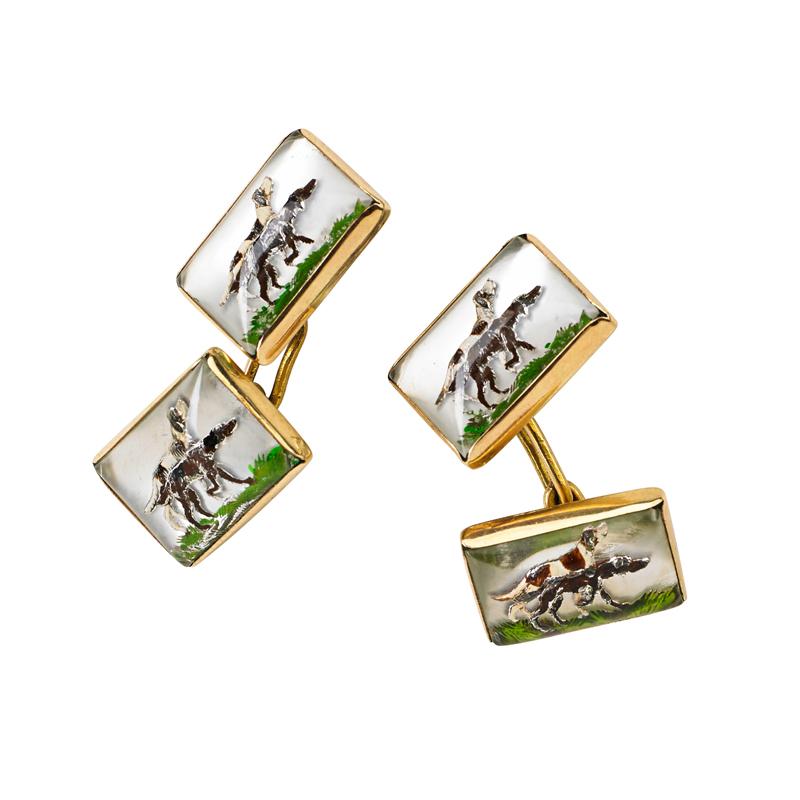 Appraisal: K GOLD HOUND MOTIF REVERSE CRYSTAL CUFFLINKS Condition Report