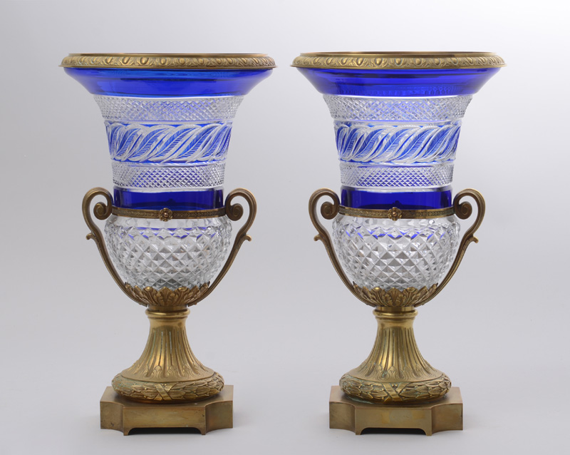 Appraisal: PAIR OF CHARLES X STYLE GILT-BRONZE-MOUNTED CUT-BLUE OVERLAY GLASS URNS