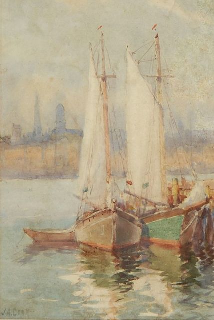 Appraisal: J A COOKAmerican - Sailboats at dock Signed lower left