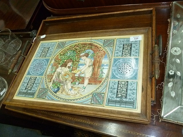 Appraisal: A VICTORIAN OAK FRAMED RECTANGULAR TRAY with aesthetic style pottery