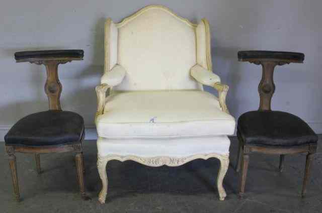 Appraisal: Pair of Antique English Chairs with a FrenchOversized Upholstered Armchair