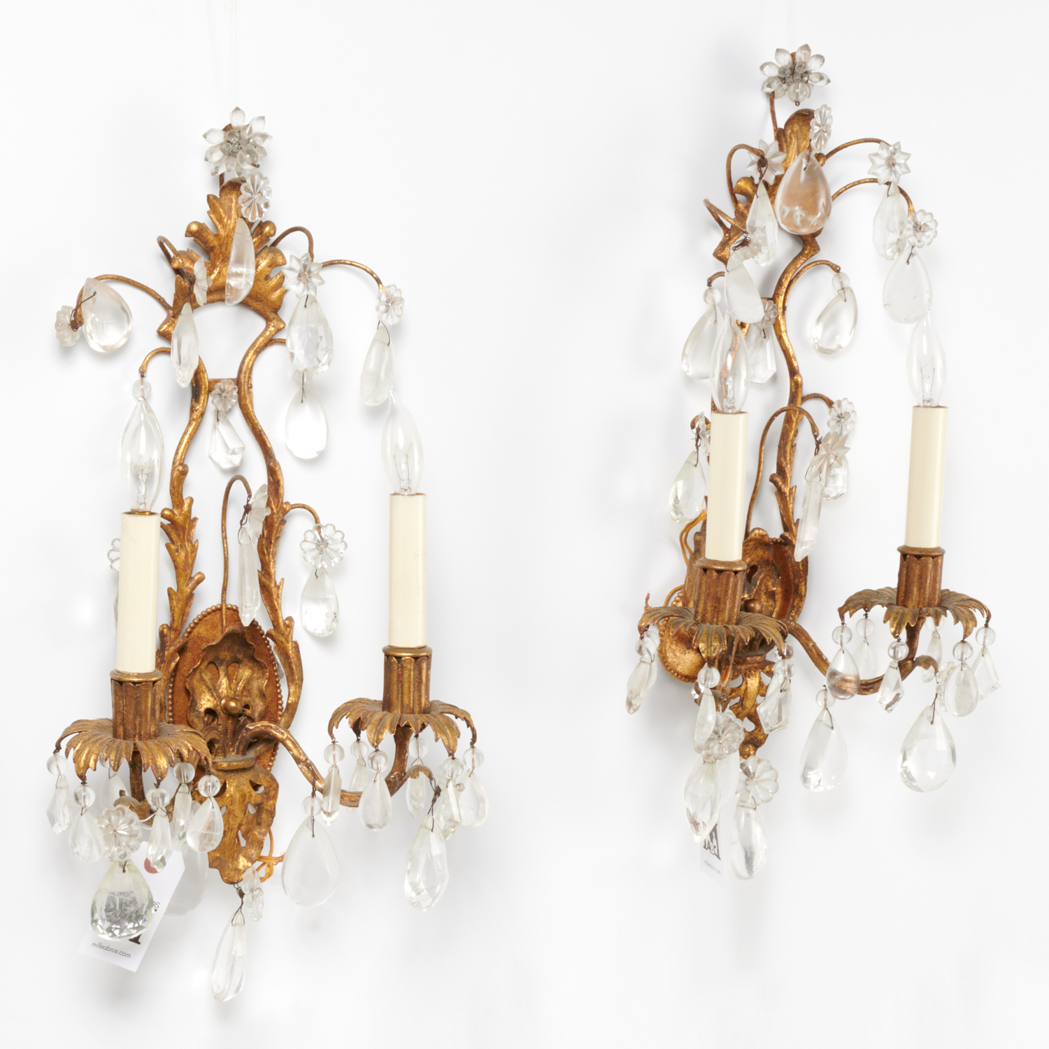 Appraisal: PAIR ITALIAN GILT METAL AND ROCK CRYSTAL SCONCES th c