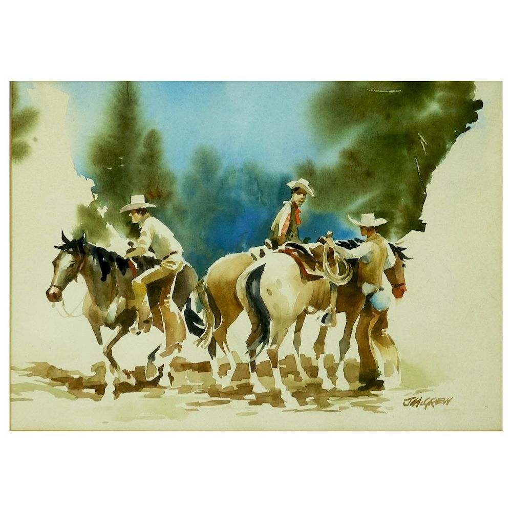 Appraisal: J McGrew Watercolor th Century American School Watercolor Cowboys Signed