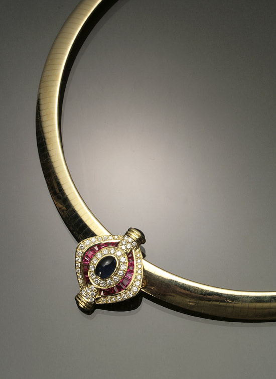 Appraisal: Italian -Karat Yellow-Gold Diamond Blue Sapphire and Ruby Omega Choker