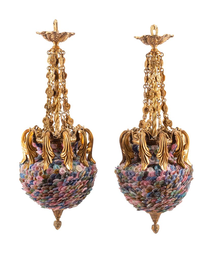 Appraisal: A Pair of Continental Gilt Bronze and Colored Glass Lanterns