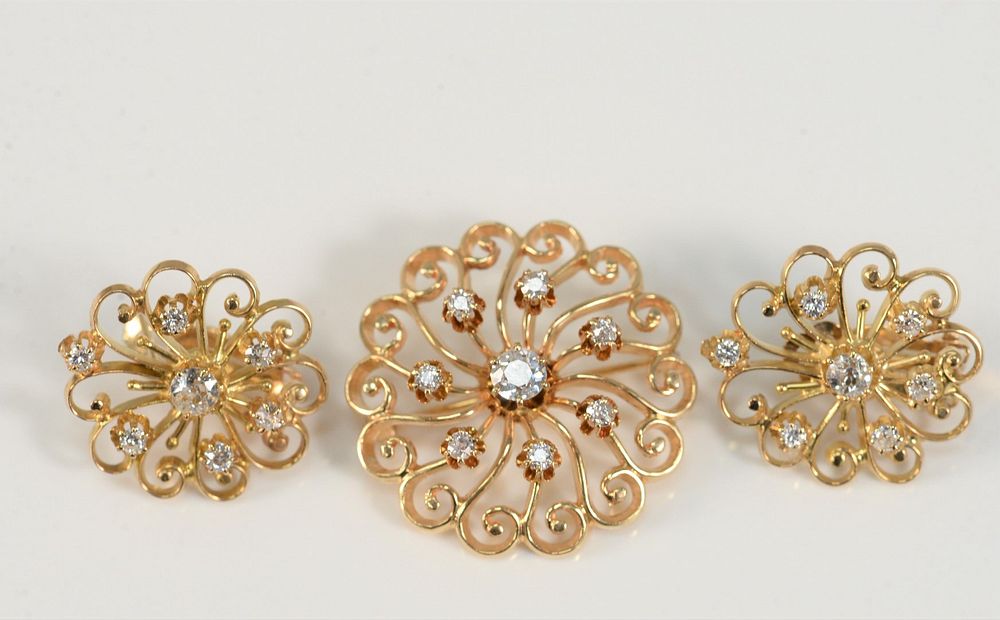 Appraisal: Three Piece Karat Gold and Diamond Brooch and Earring Set