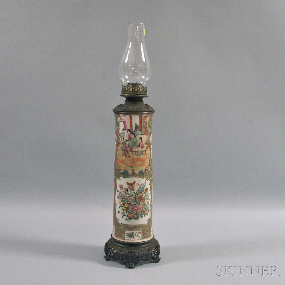 Appraisal: Rose Medallion Porcelain Vase Mounted as an Oil Lamp China