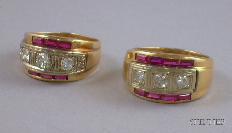 Appraisal: Two Man's Art Deco kt Gold Diamond and Synthetic Ruby