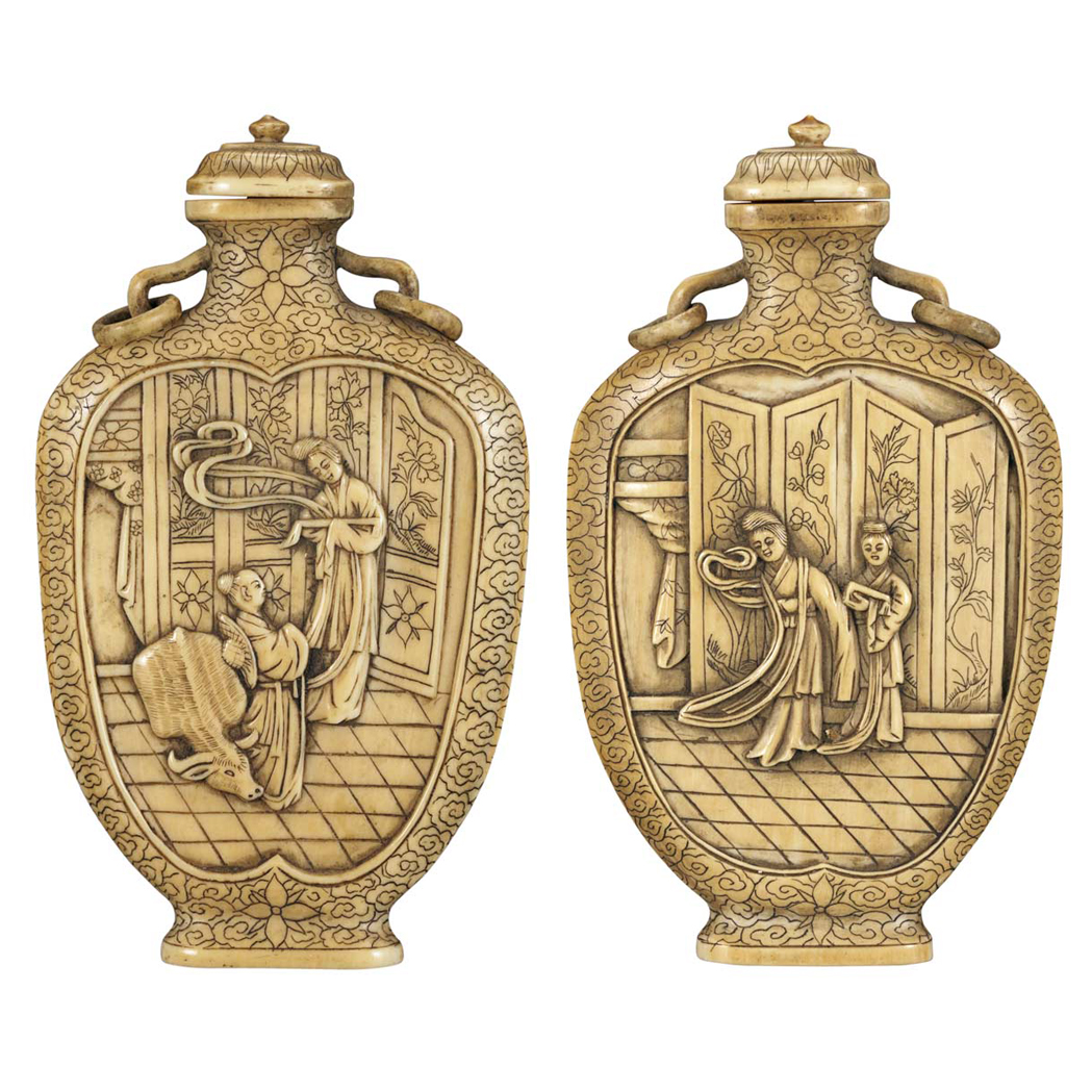 Appraisal: Pair of Chinese Ivory Snuff Bottles th Century Each of