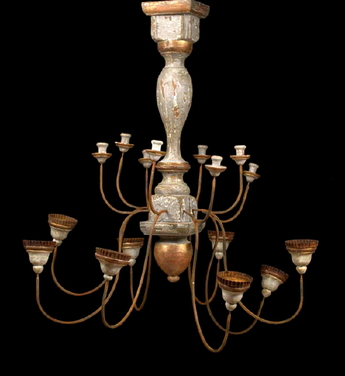 Appraisal: Monumental Italian Provincial Turned and Gray-Painted Wood Tiered Sixteen-Light Chandelier