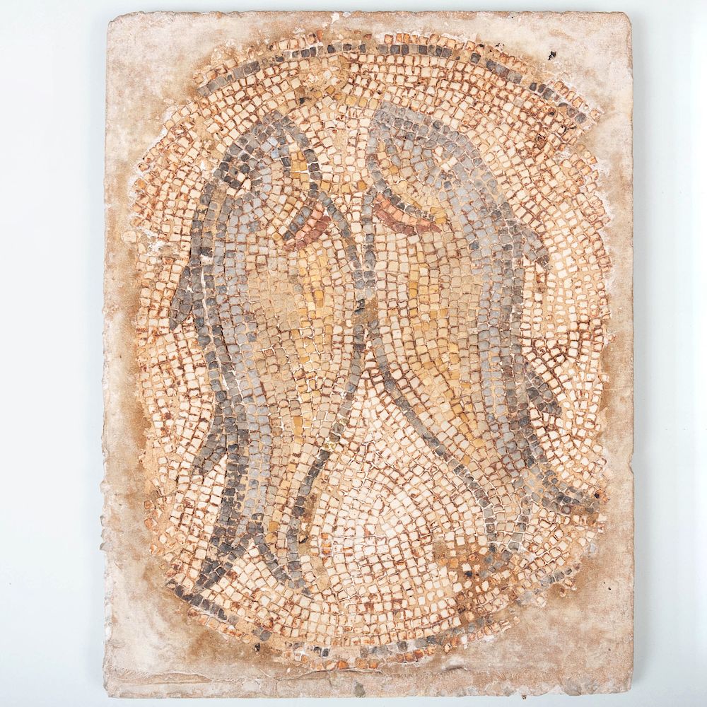 Appraisal: Roman Mosaic Panel Depicting a Pair of Fish Roman Mosaic