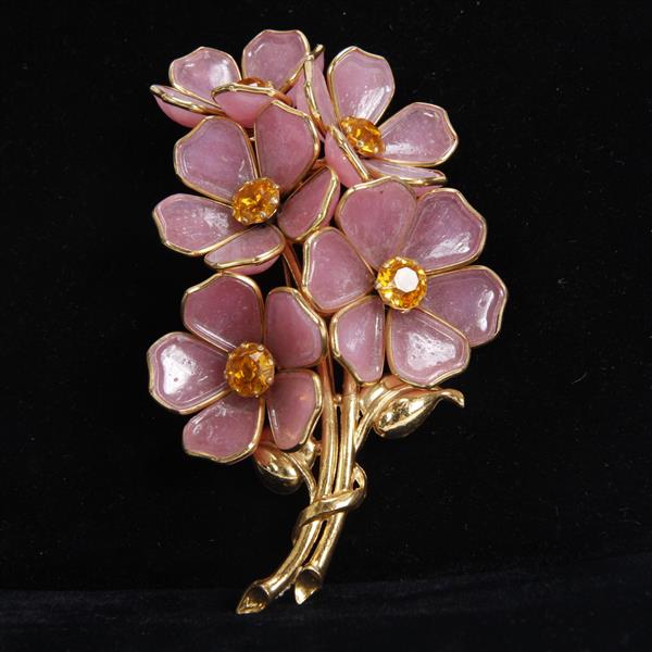 Appraisal: Unmarked Trifari Gripoix Poured Glass Pink Flower Fur Clip with