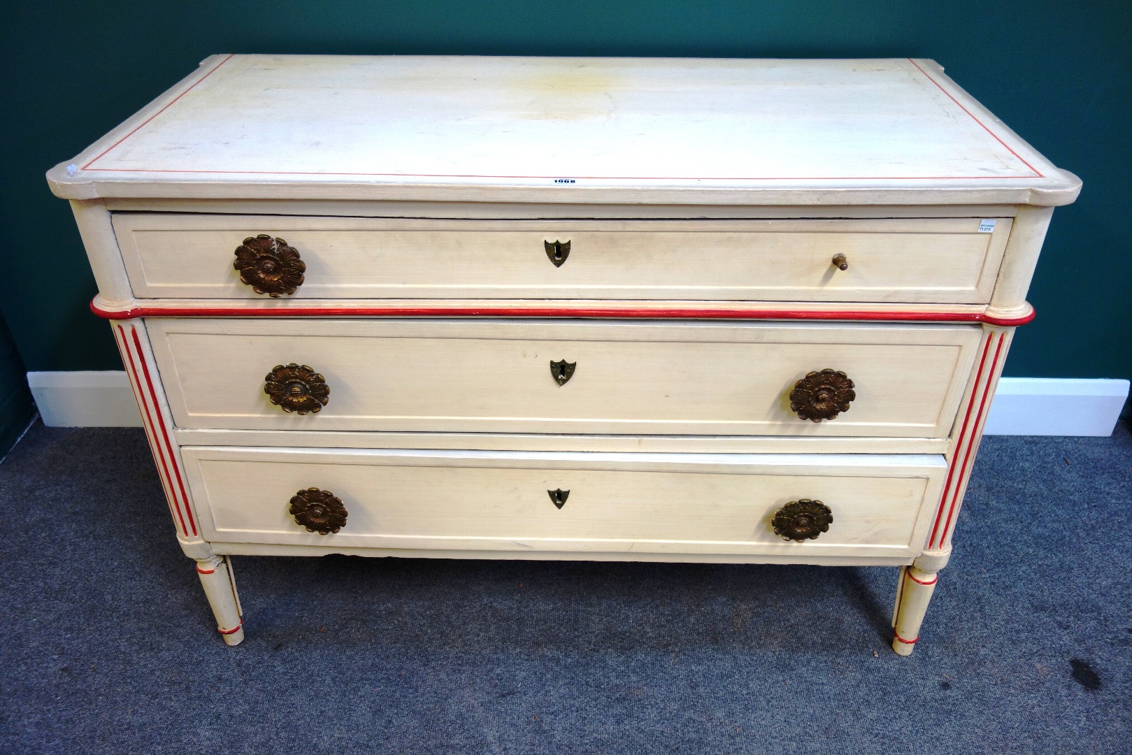 Appraisal: A th century later decorated cream three drawer commode in