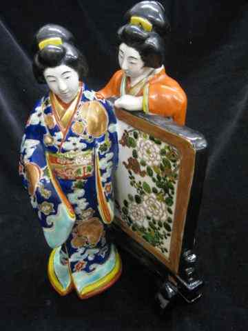 Appraisal: Japanese Porcelain Figurine of Two Geishastanding by a screen scarce