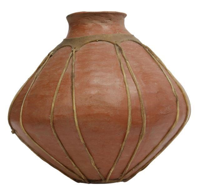 Appraisal: Mexican terracotta olla vessel Tarahumara people with rawhide lacing to