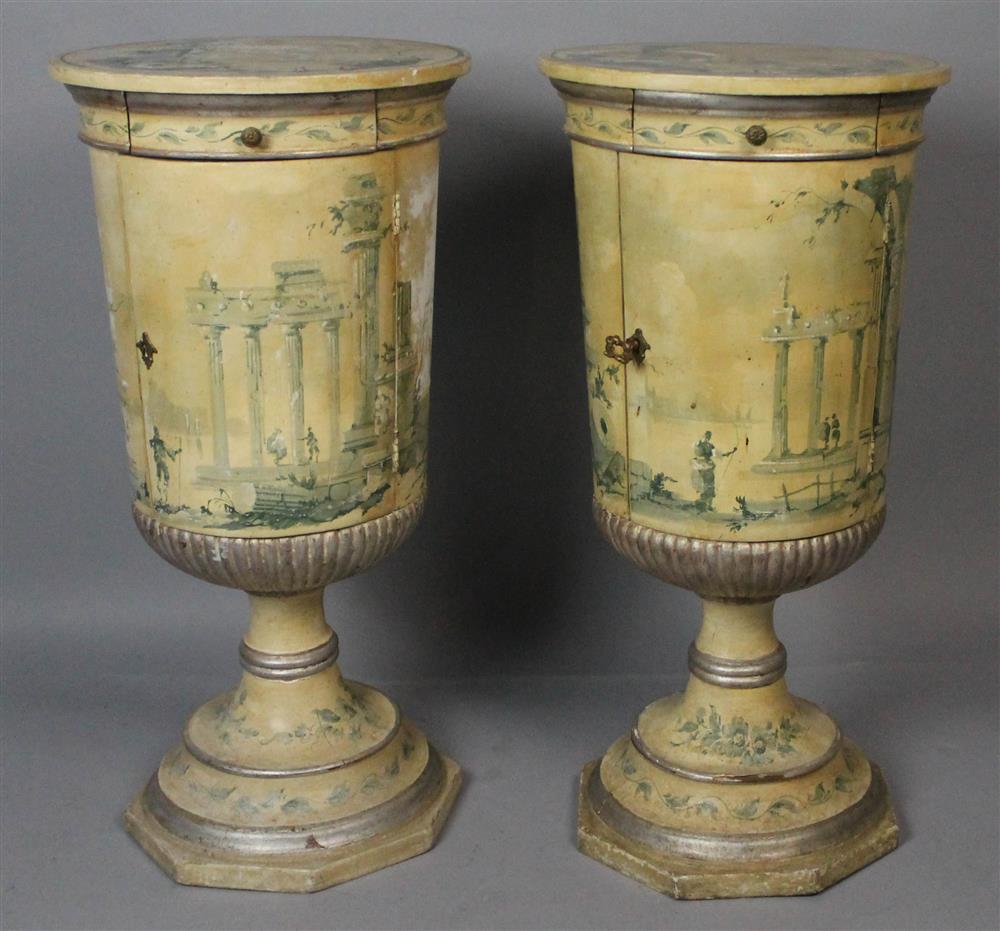 Appraisal: PAIR OF CONTINENTAL CLASSICAL STYLE PAINT DECORATED URN SHAPED PEDESTAL