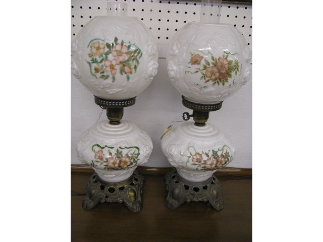 Appraisal: Pair of Milk Glass Parlor Lamps handpainted floral bolow-out roses