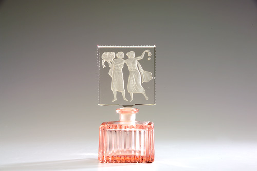 Appraisal: CZECHOSLOVAKIAN Perfume bottle in pink and clear crystal s Stenciled