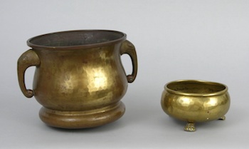 Appraisal: Two Russian Brass Containers Large brass hammered pot on a