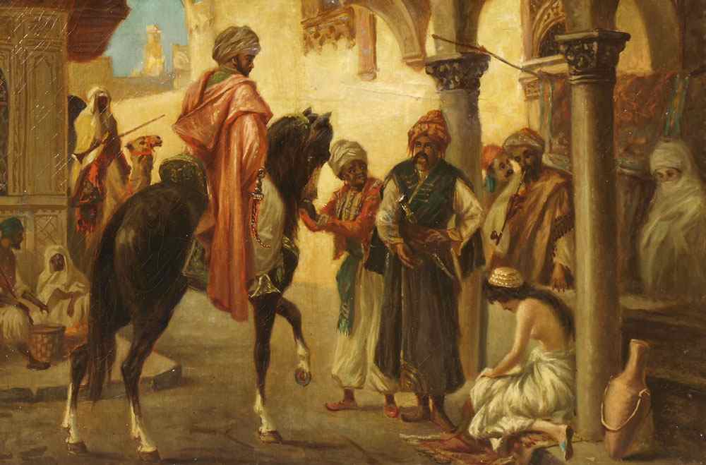 Appraisal: ORIENTALIST SCENE WITH ARABS AND SLAVE GIRL OIL Canvas sight