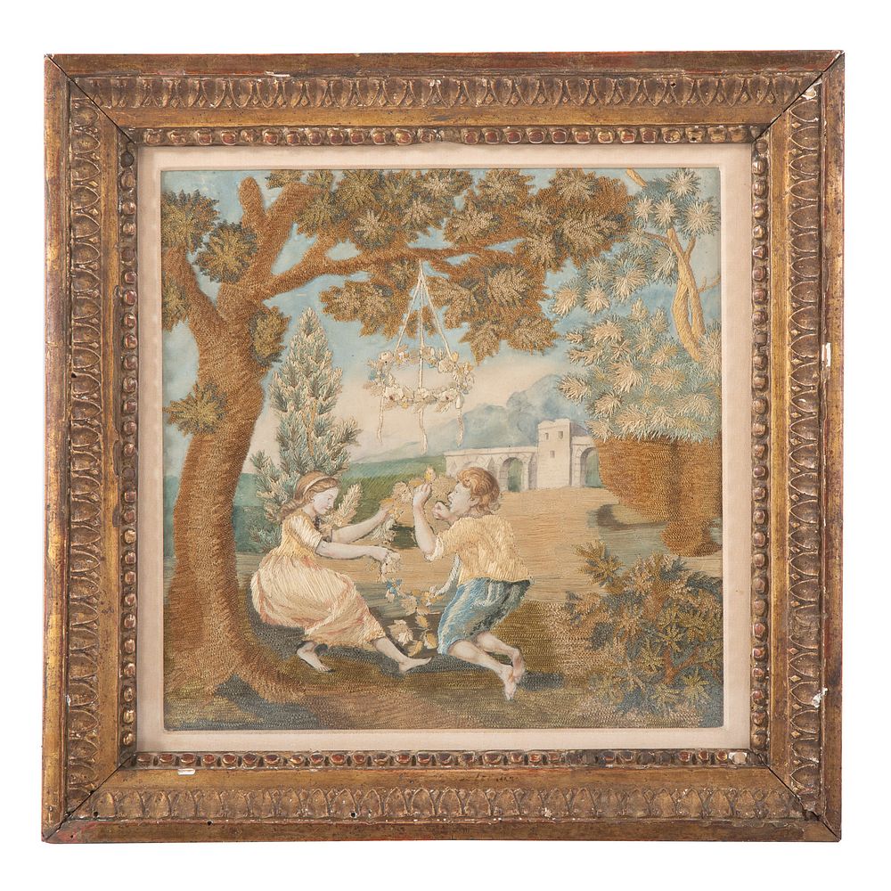 Appraisal: English Needlework Picture Second quarter th century children playing under