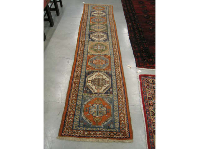 Appraisal: Shiraz Persian Handmade Runner medallions geometric borders ' x '