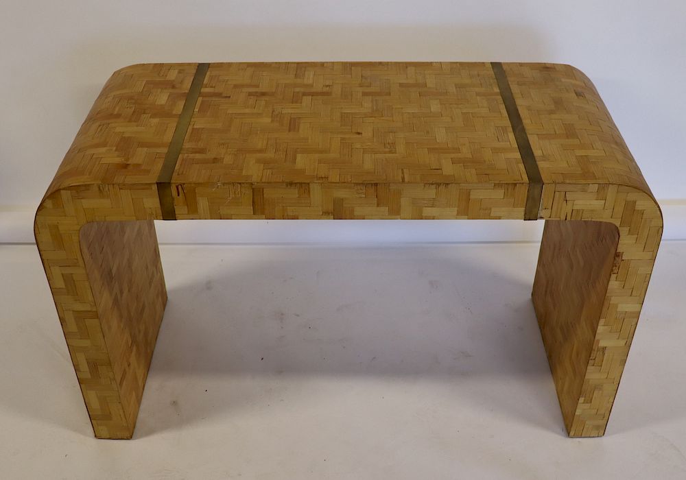 Appraisal: Midcentury One Drawer Parquetry Inlaid Waterfall Console With Brass Trim