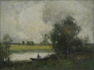 Appraisal: WIGGINS Guy C Oil on Canvas Fisherman on a Lake