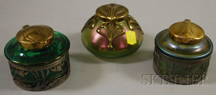 Appraisal: Three Bohemian Secessionist Metal-mounted Iridescent Art Glass Inkwells