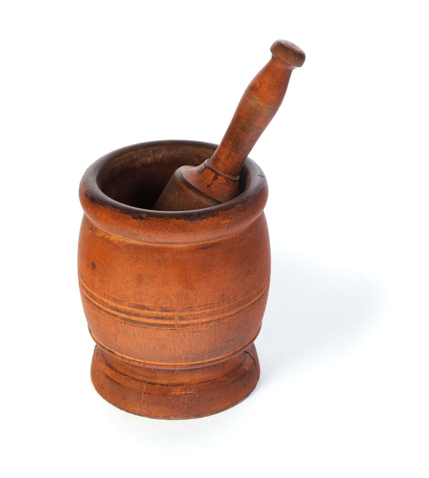 Appraisal: MORTAR AND PESTLE Nineteenth century Maple with a bittersweet paint