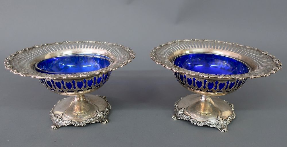 Appraisal: Pair of Sterling Silver Dishes With Blue Glass Pair of