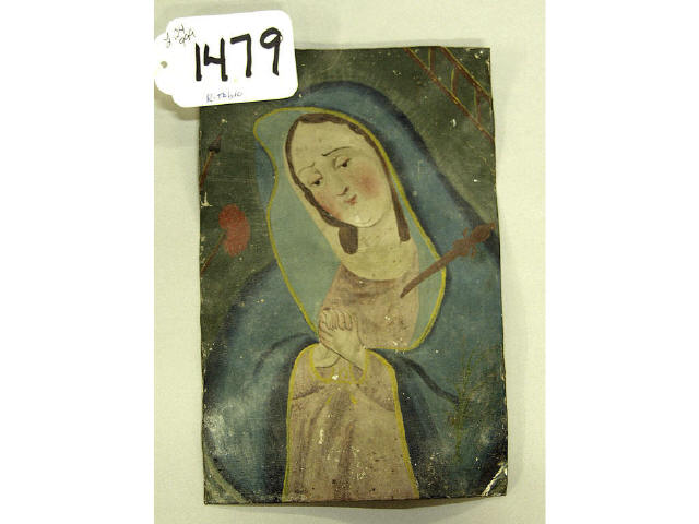 Appraisal: Mexican retablo hand painted on tin Virgin of Guadalupe x