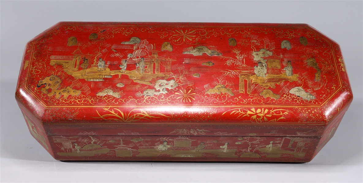 Appraisal: Large Chinese red gilt lacquer box with allover figure and