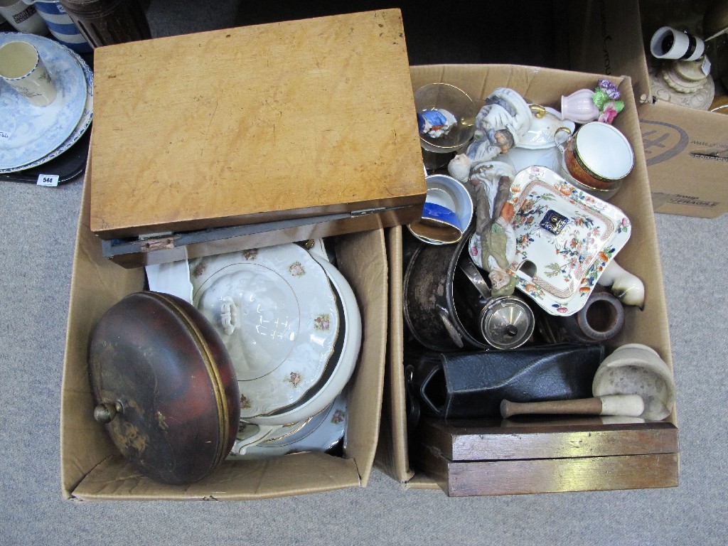 Appraisal: Two boxes of bric-a-brac - Polish dinner set wooden boxes