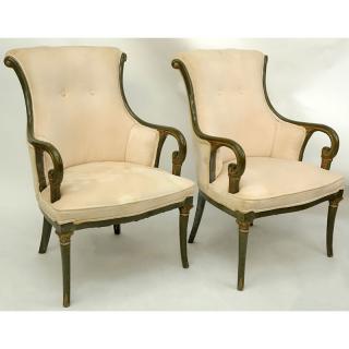 Appraisal: Pair of Mid Century Carved and Upholstered Arm Chairs Stains