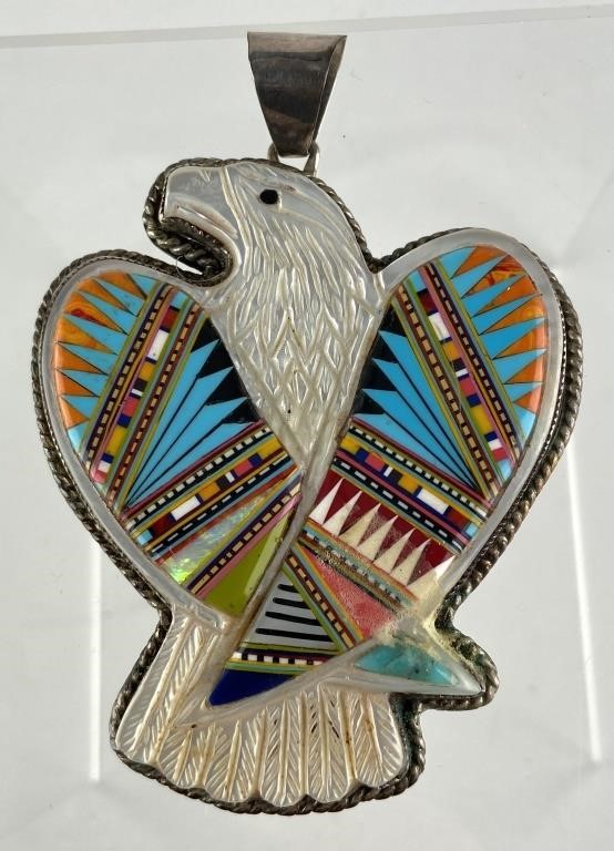 Appraisal: Sterling silver eagle pendant with micro inlaid turquoise abalone multi-colored