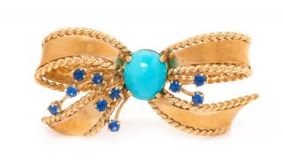 Appraisal: A Yellow Gold Turquoise and Sapphire Bow Brooch dwts A