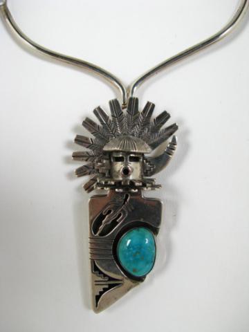 Appraisal: Sterling Silver ''Sun Face'' Longhorn Kachina Necklace Pin with Turquoise