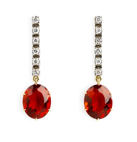 Appraisal: A pair of fire opal and diamond pendant earrings each