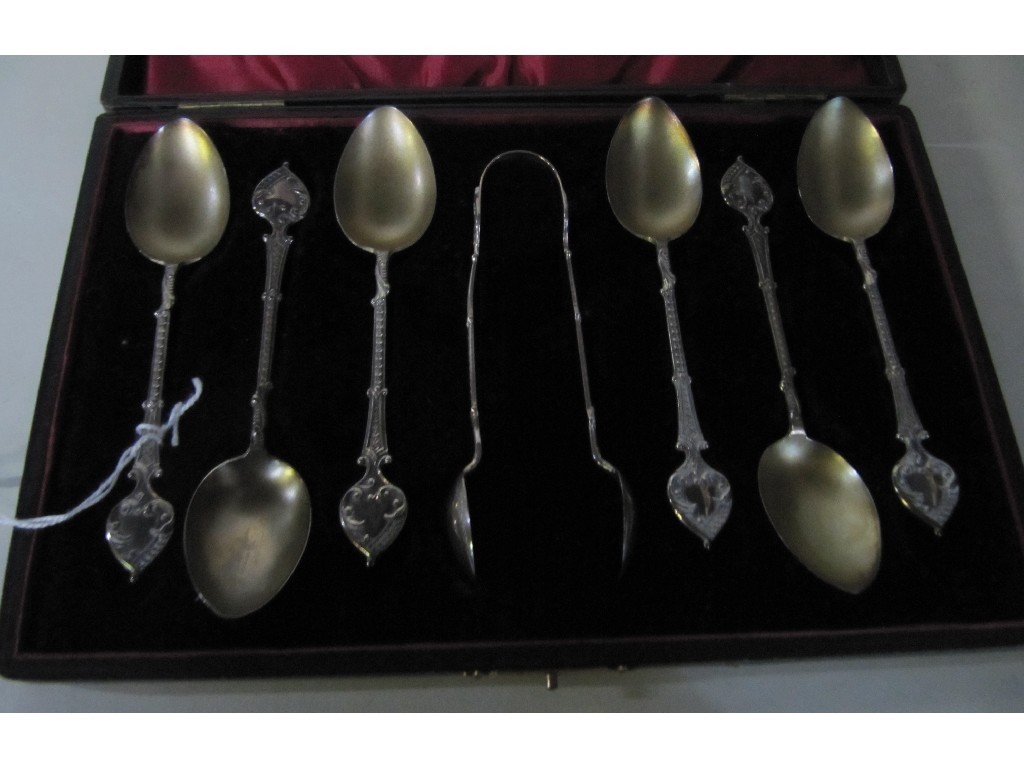 Appraisal: Cased set of six silver spoons with tongs Birmingham