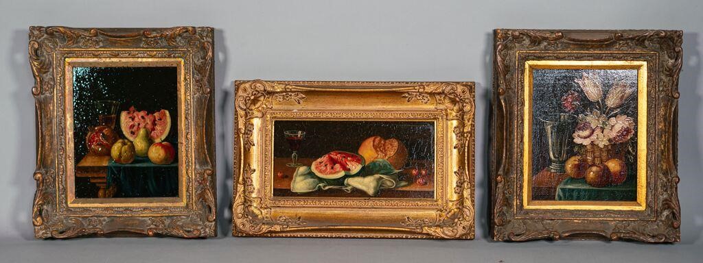 Appraisal: oil still lifes on Masonite still lifes with fruit and