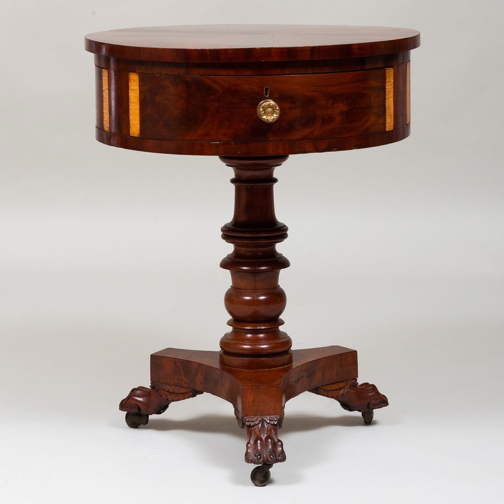 Appraisal: Small Classical Inlaid Mahogany Round Drum Table Philadelphia Fitted with