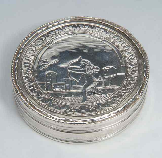 Appraisal: AN ANTIQUE CONTINENTAL SILVER CIRCULAR BOX and cover with engraved