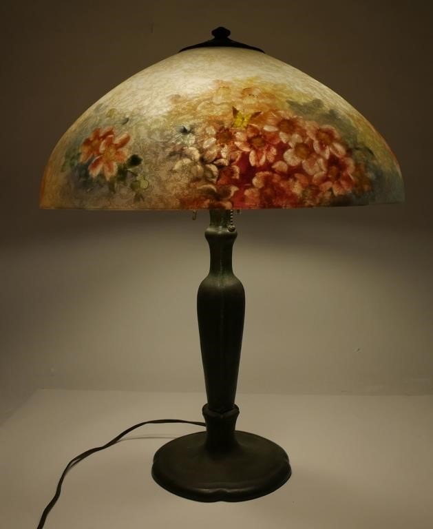 Appraisal: Antique Handel lamp with signed reverse-painted diameter shade with chipped