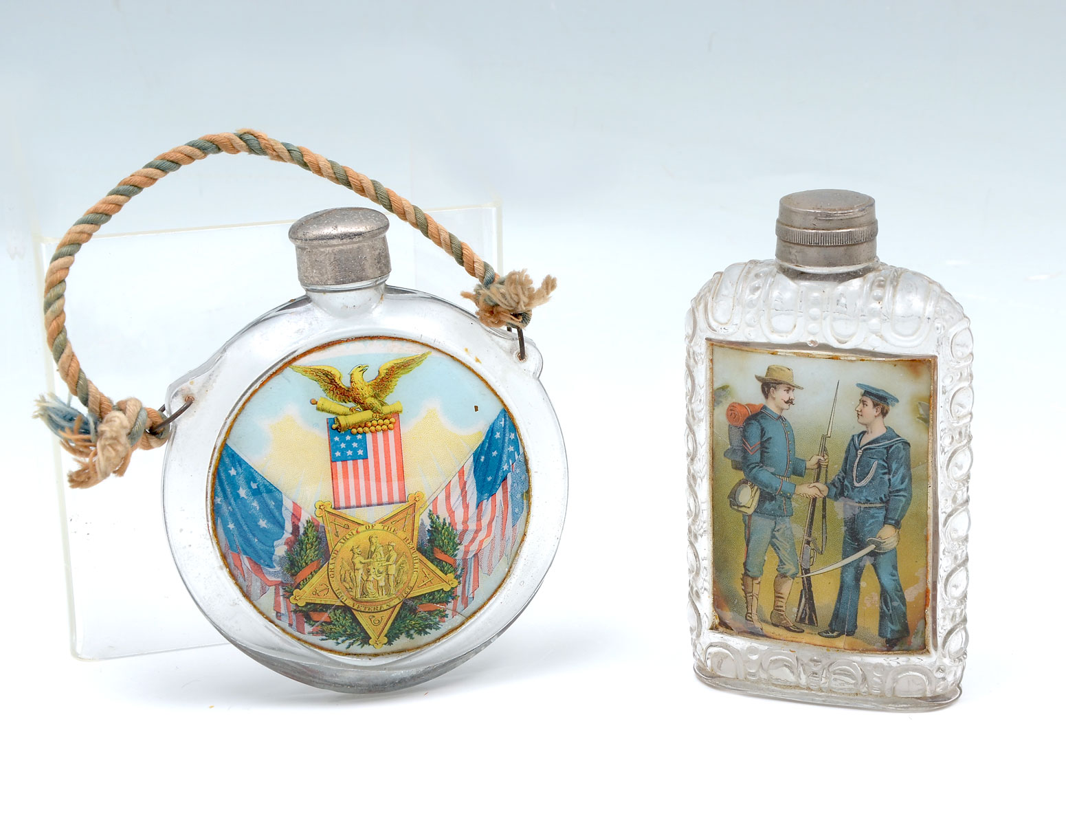 Appraisal: PIECE PAINTED MILITARY LABEL UNDER GLASS FLASKS Comprising - U