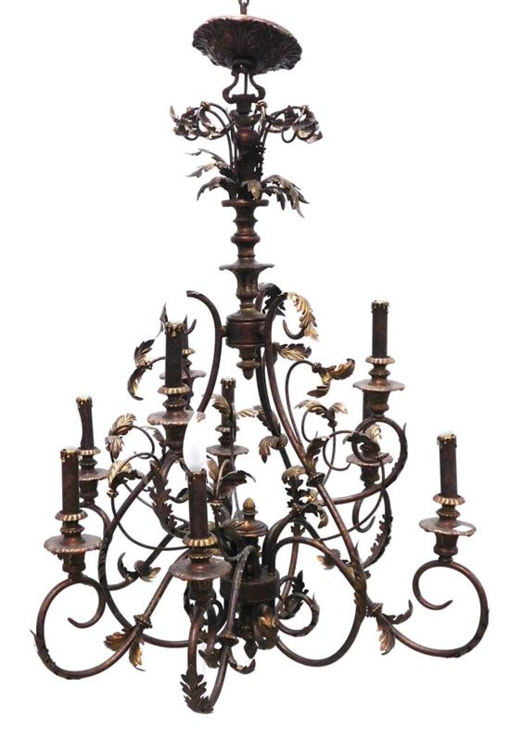 Appraisal: Chandelier with patinated finish nine light copper-toned metal designed with