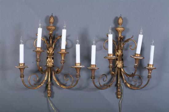 Appraisal: FOUR LOUIS XVI-STYLE BRONZE-DOR AND GILTWOOD FOUR-LIGHT SCONCES early th