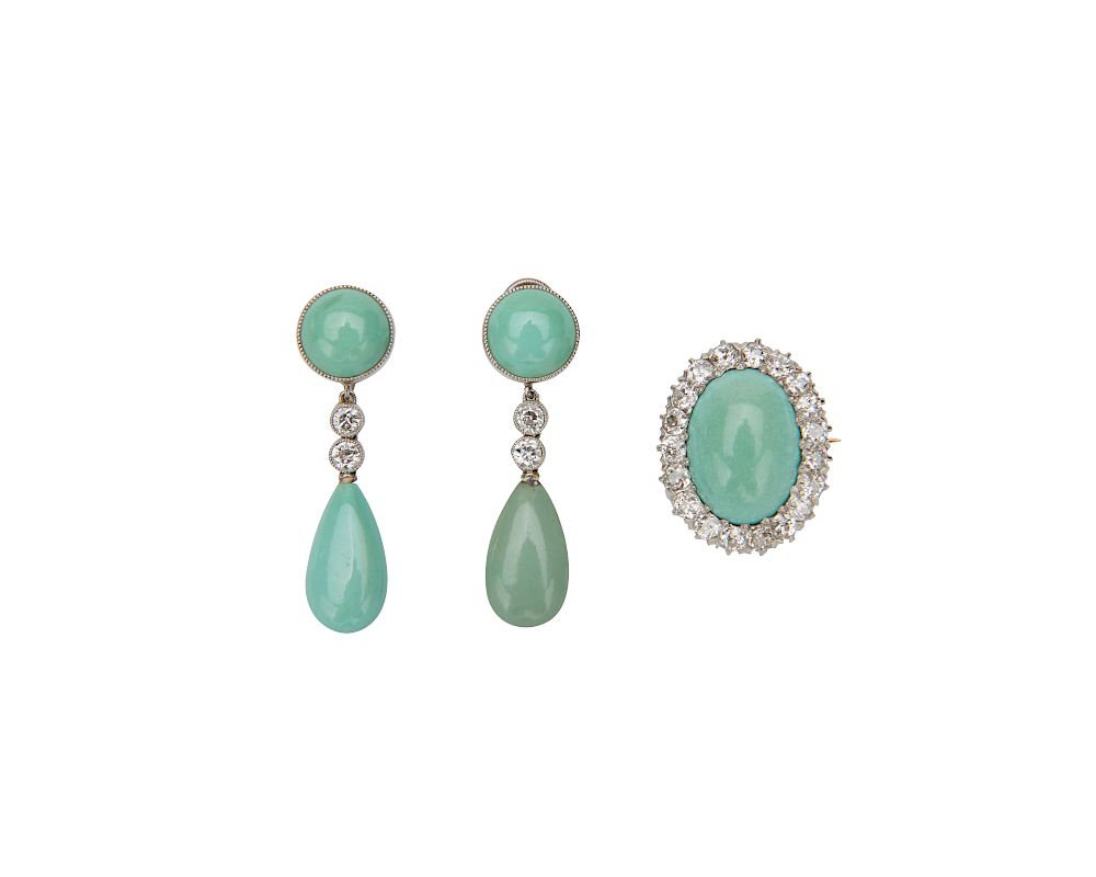 Appraisal: Platinum Turquoise and Diamond Brooch and Pendant Earrings Platinum Turquoise