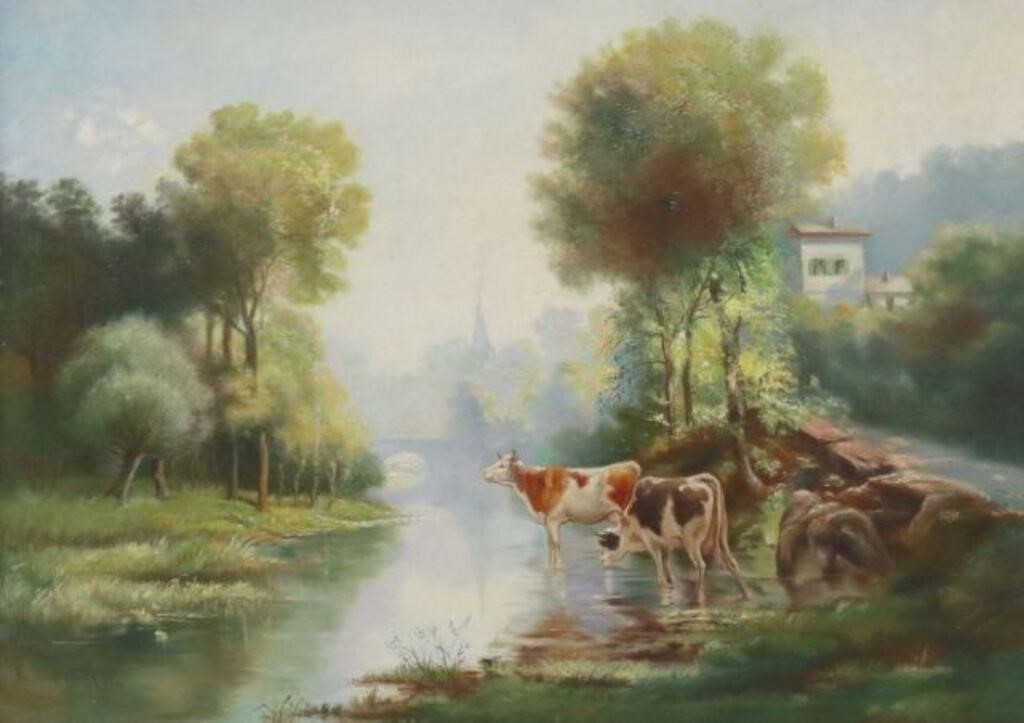 Appraisal: Framed oil on canvas painting Pastoral Landscape with Cattle unsigned